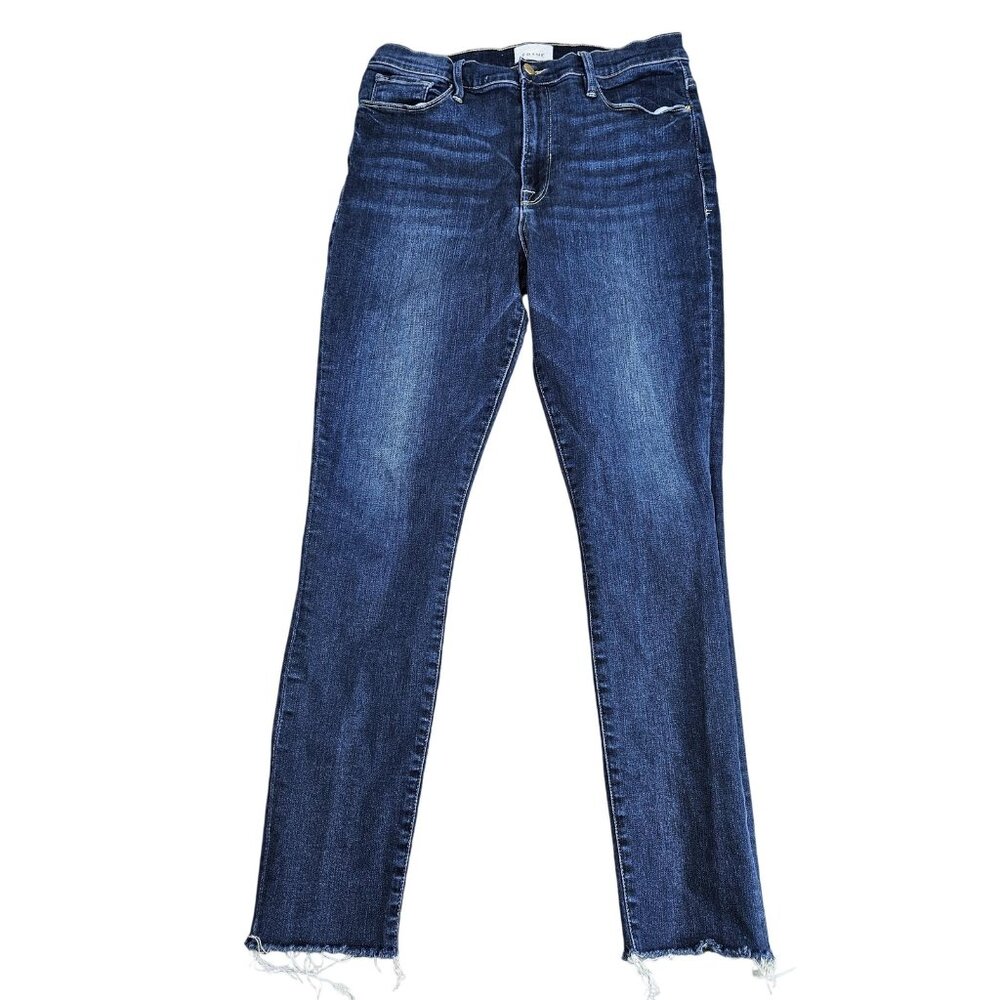 FRAME Ali High Rise Skinny Jeans Womens 33 Blue Med Wash Raw Hem Denim Stretch